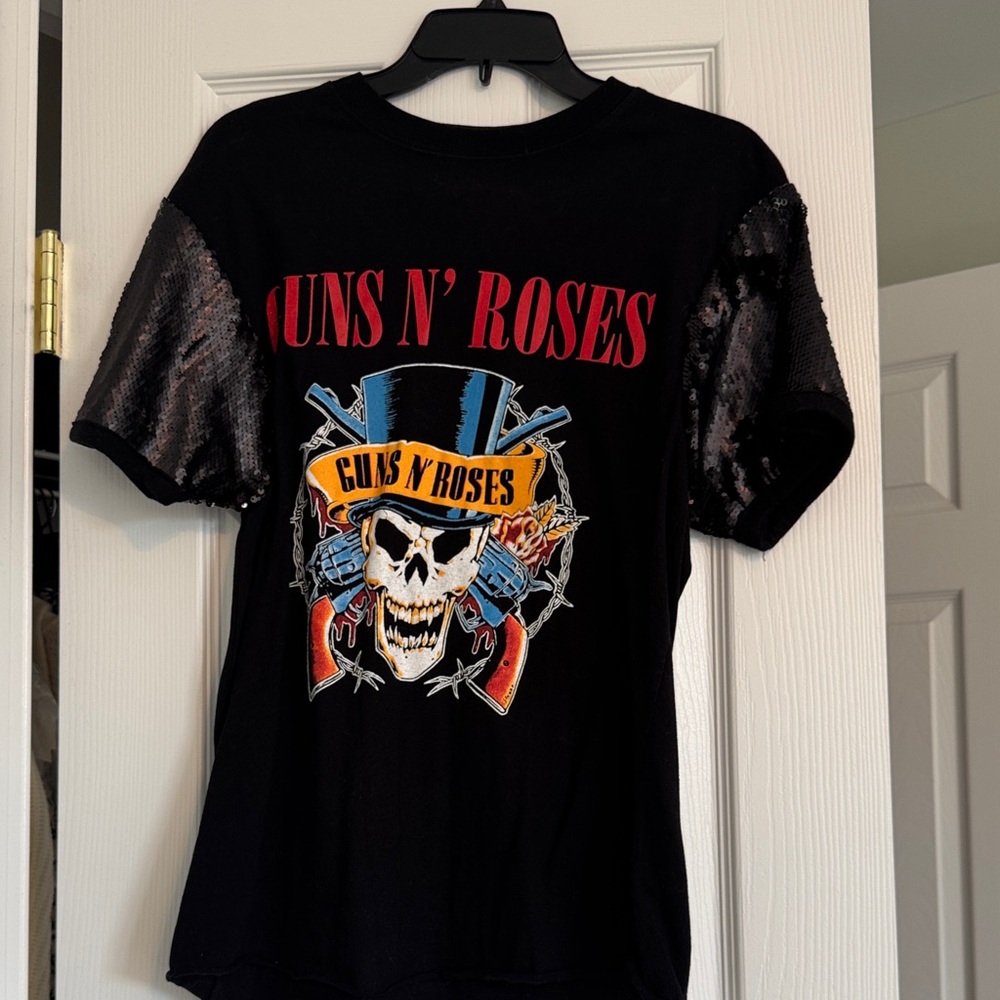 Black Graphic Tee with Sequin Sleeves